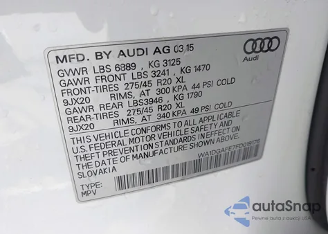 2015 Audi Q7 3.0T S Line Prestige из США, поврежденный, VIN WA1DGAFE7FD019176